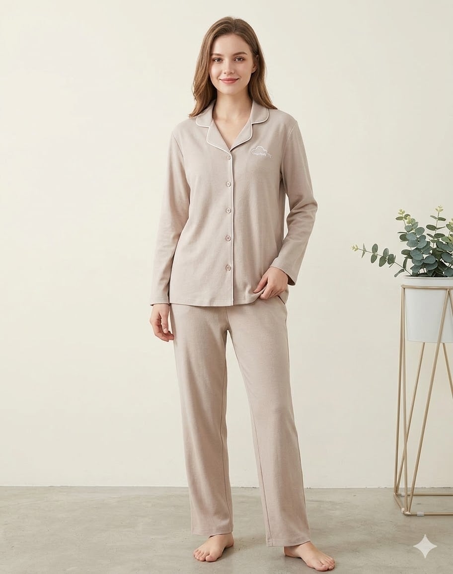 Pijama dama "Happy Day" din doua piese, PJ003, Bej