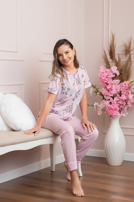 Pijama dama Lena cu imprimeu floral lila si buzunar