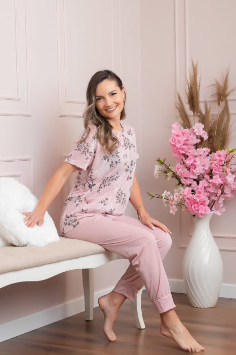 Pijama dama Lena cu imprimeu floral roz si buzunar