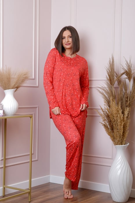 Pijama dama Lisa plus size din bumbac corai cu imprimeu floral