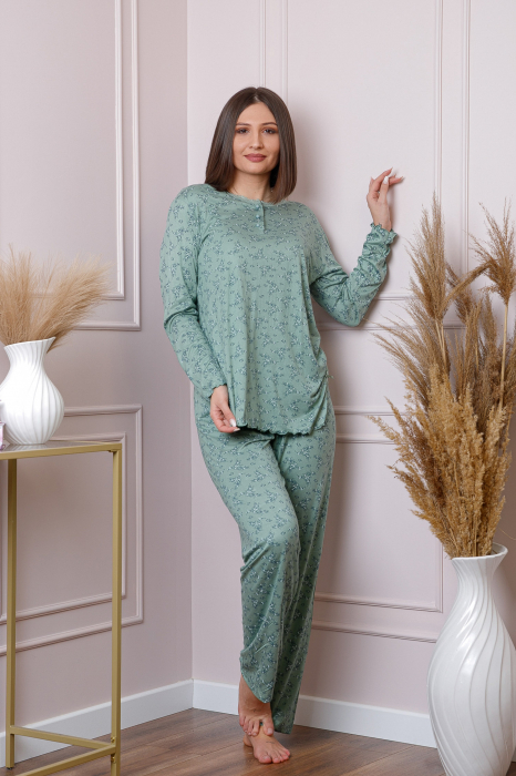 Pijama dama Lisa plus size din bumbac verde cu imprimeu floral