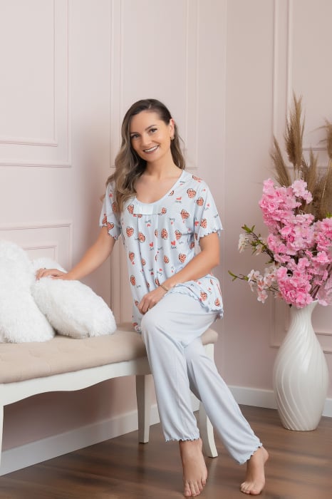 Pijama dama Lolly cu maneci scurte si imprimeu inimioare - Bleu