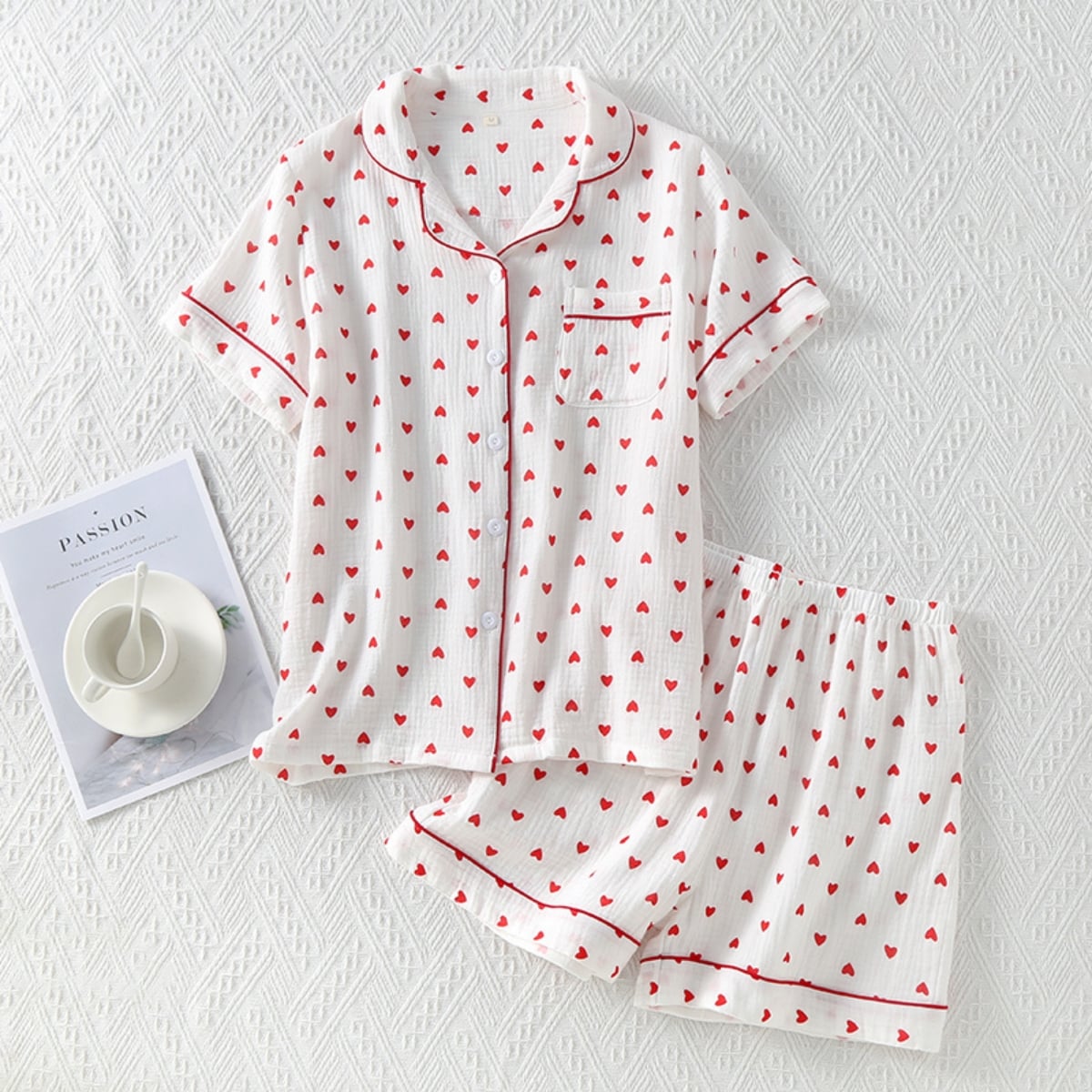 Pijama dama "Sleepy Hearts" din doua piese, PJ023, Alb - Rosu - poza 2
