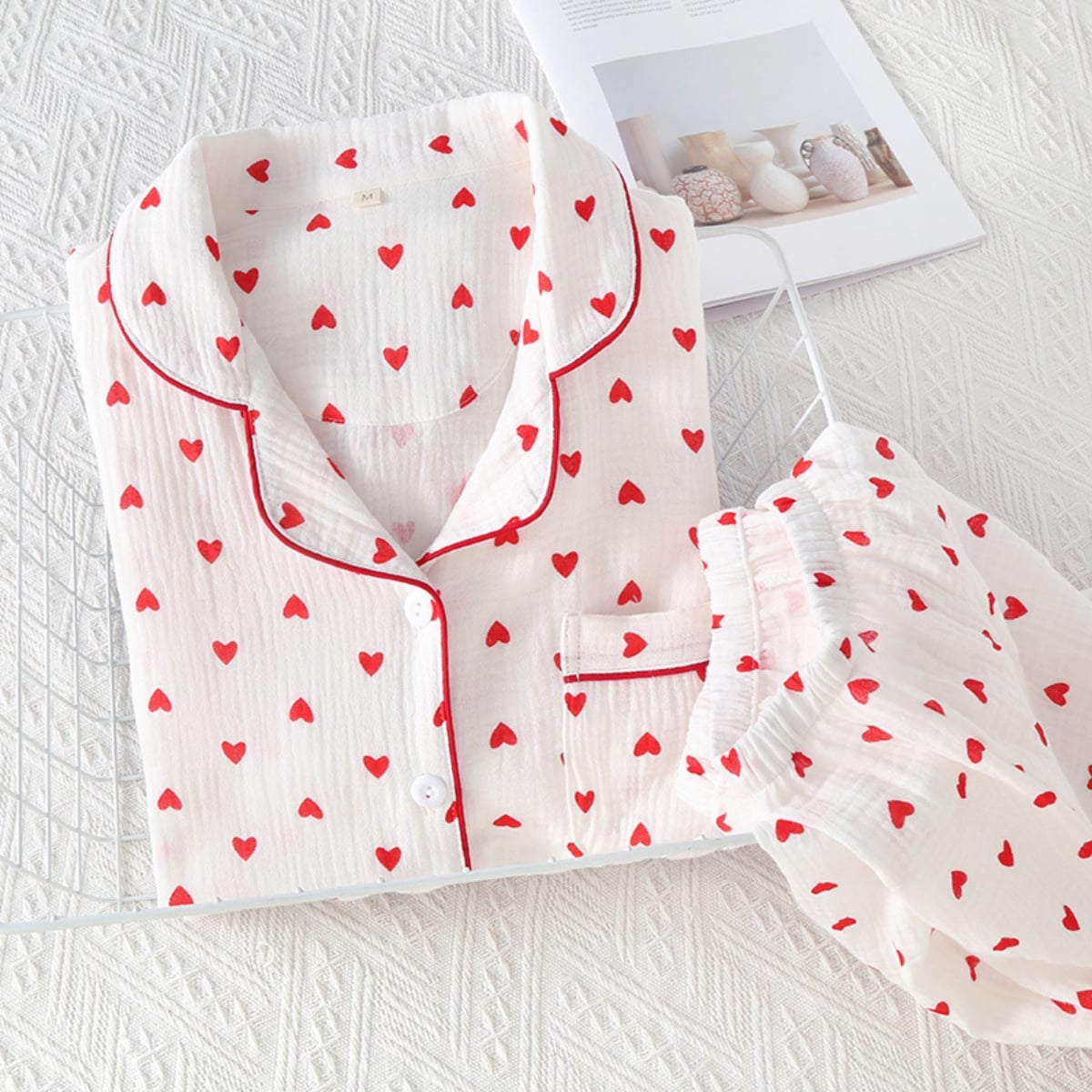 Pijama dama "Sleepy Hearts" din doua piese, PJ023, Alb - Rosu - poza 3