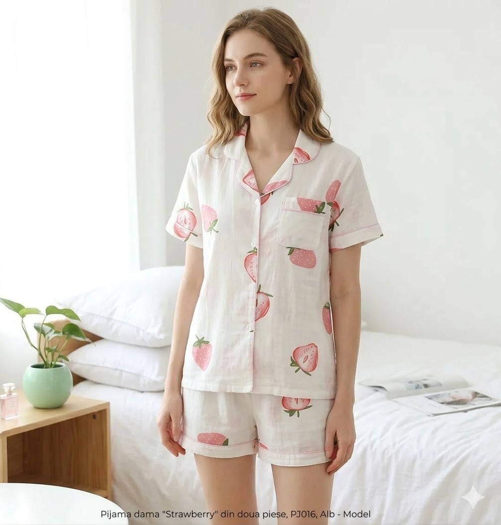 Pijama dama "Strawberry" din doua piese, PJ016, Alb - poza 1