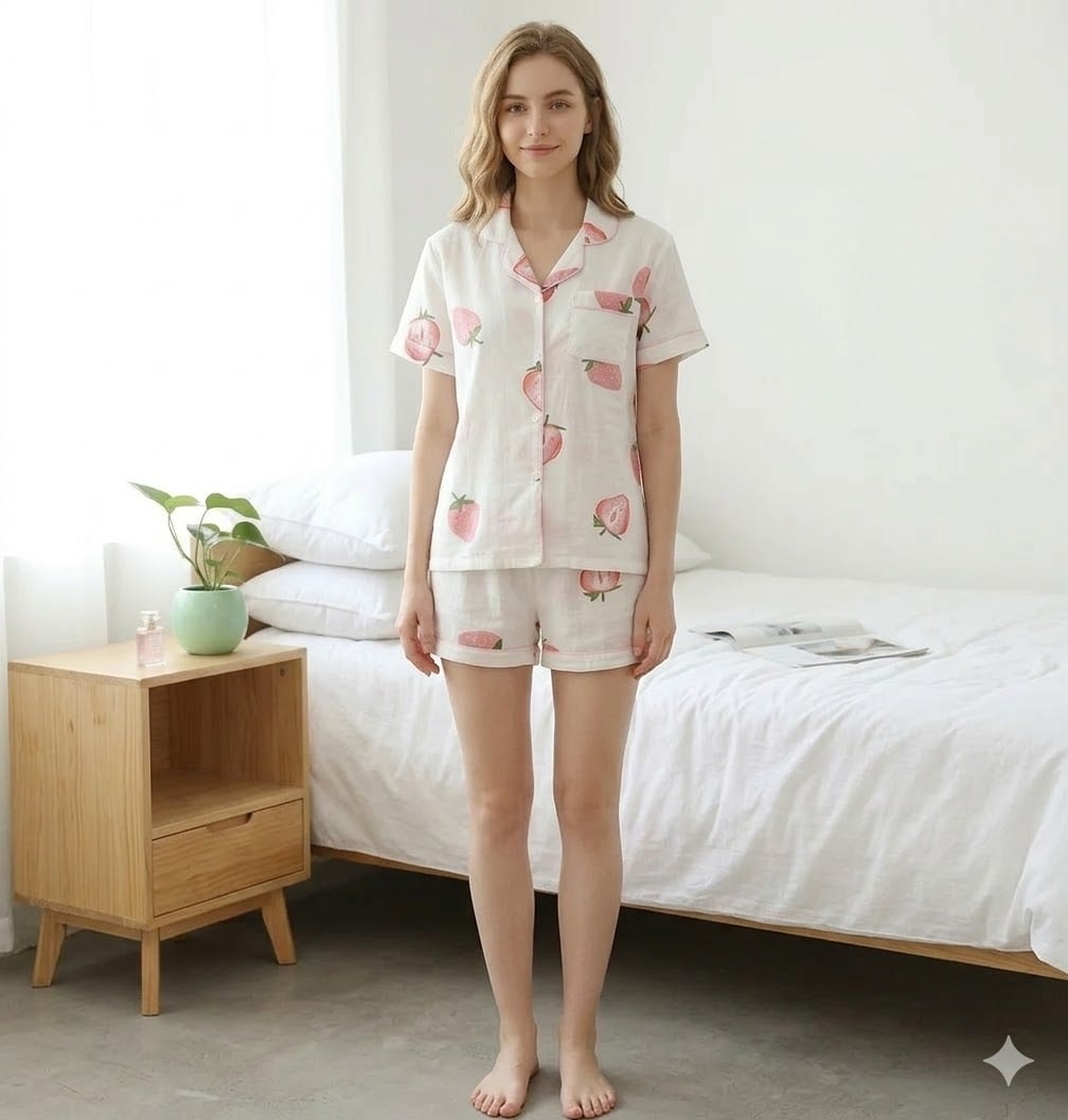 Pijama dama "Strawberry" din doua piese, PJ016, Alb - poza 2