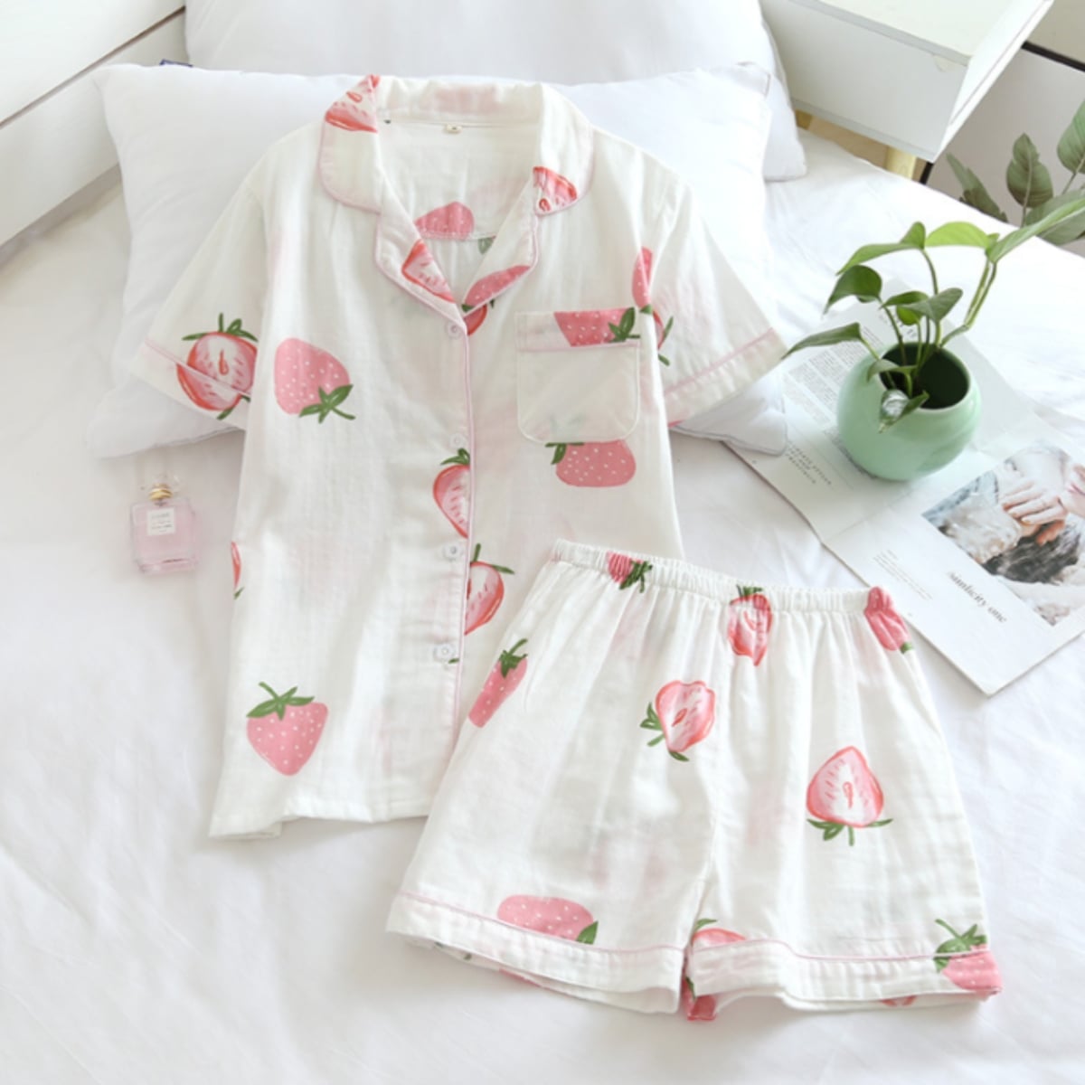 Pijama dama "Strawberry" din doua piese, PJ016, Alb - poza 3