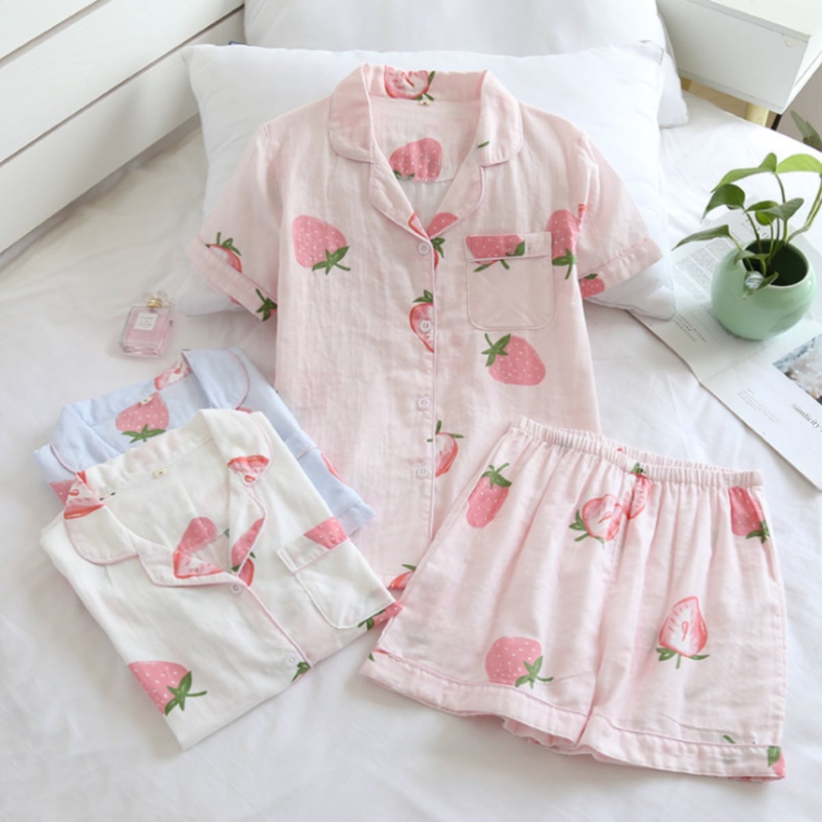 Pijama dama "Strawberry" din doua piese, PJ016, Alb - poza 5