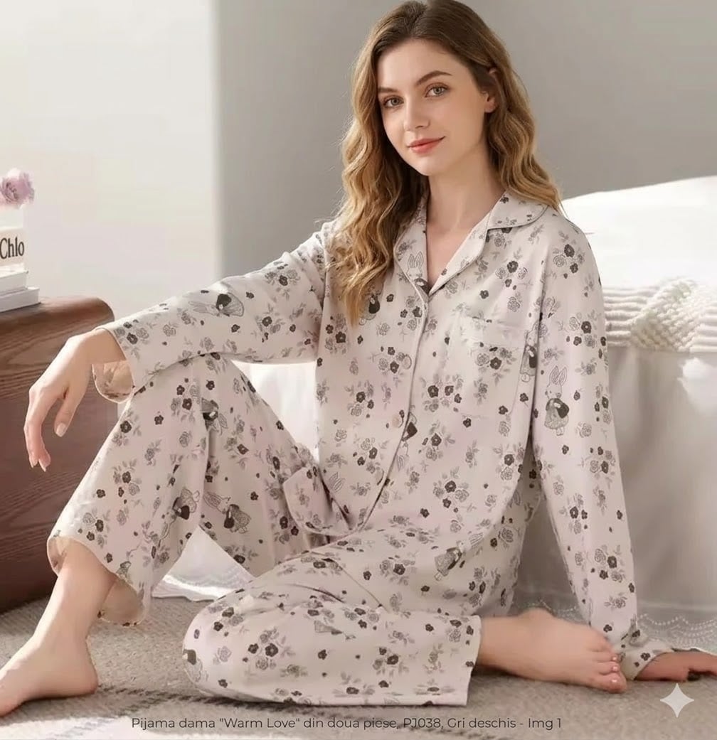 Pijama dama "Warm Love" din doua piese, PJ038, Gri deschis - poza 1