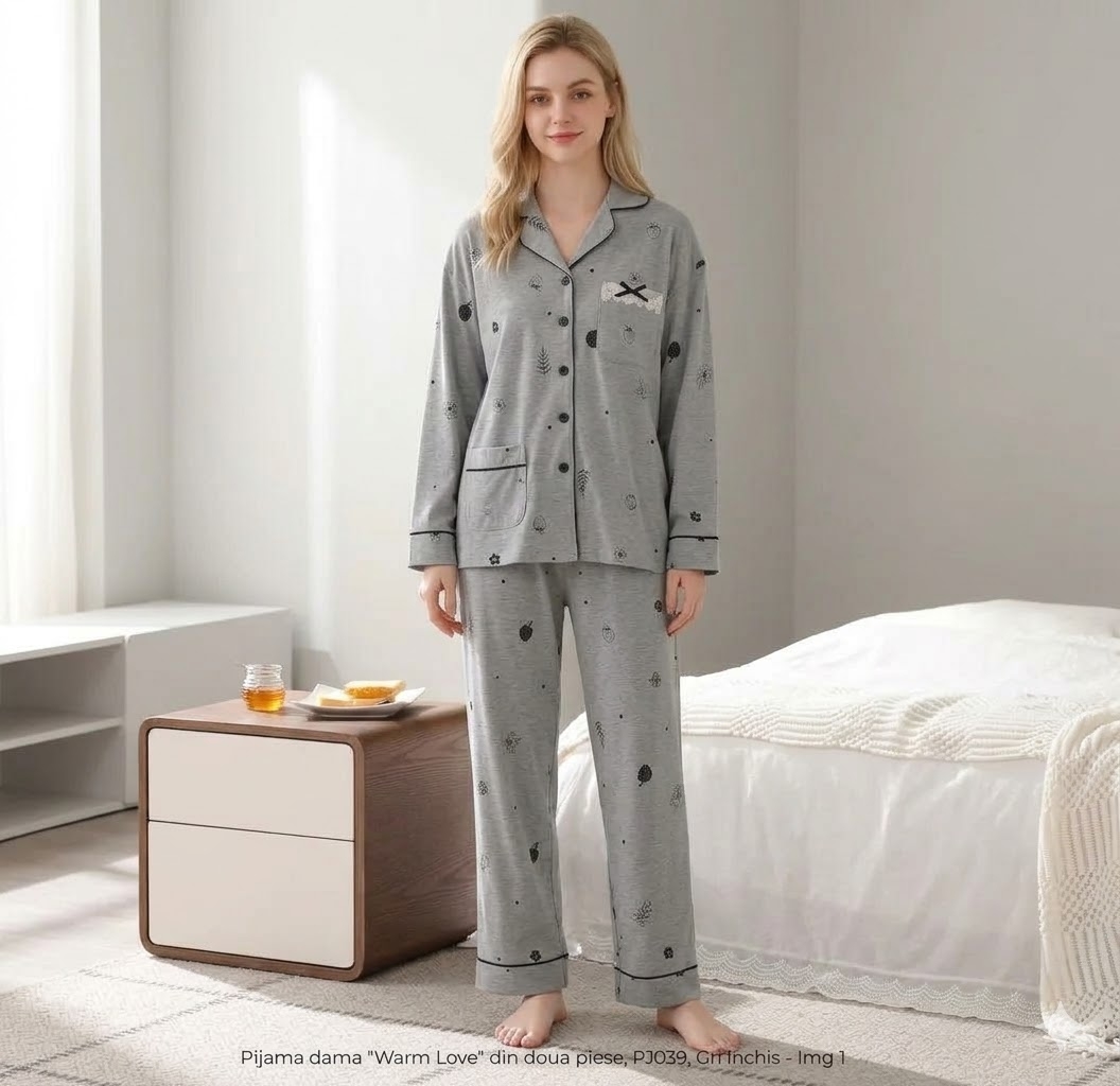 Pijama dama "Warm Love" din doua piese, PJ039, Gri inchis - poza 2