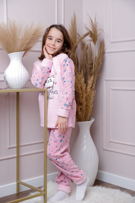 Pijama fetite Daisy din fleece roz cu model cu pisicute