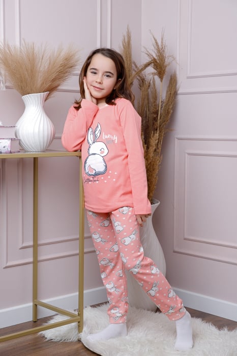 Pijama fetite Ellie din bumbac corai cu imprimeu cu iepurasi