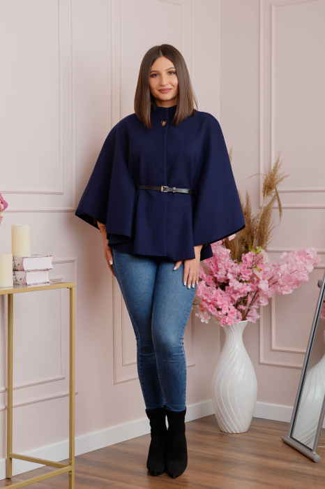 Poncho bleumarin elegant cu curea in talie