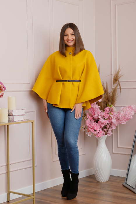 Poncho galben mustar elegant cu curea in talie