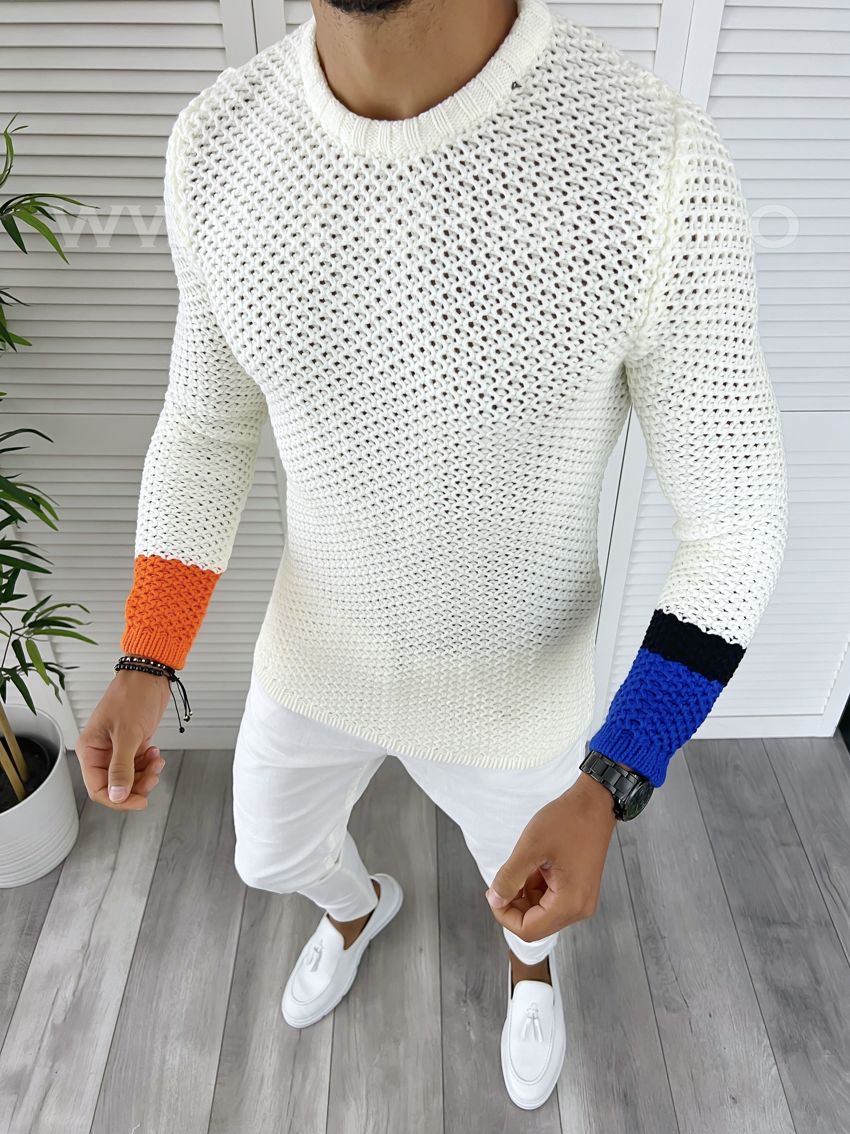 Pulover barbati gros alb slim fit T3585 110-4