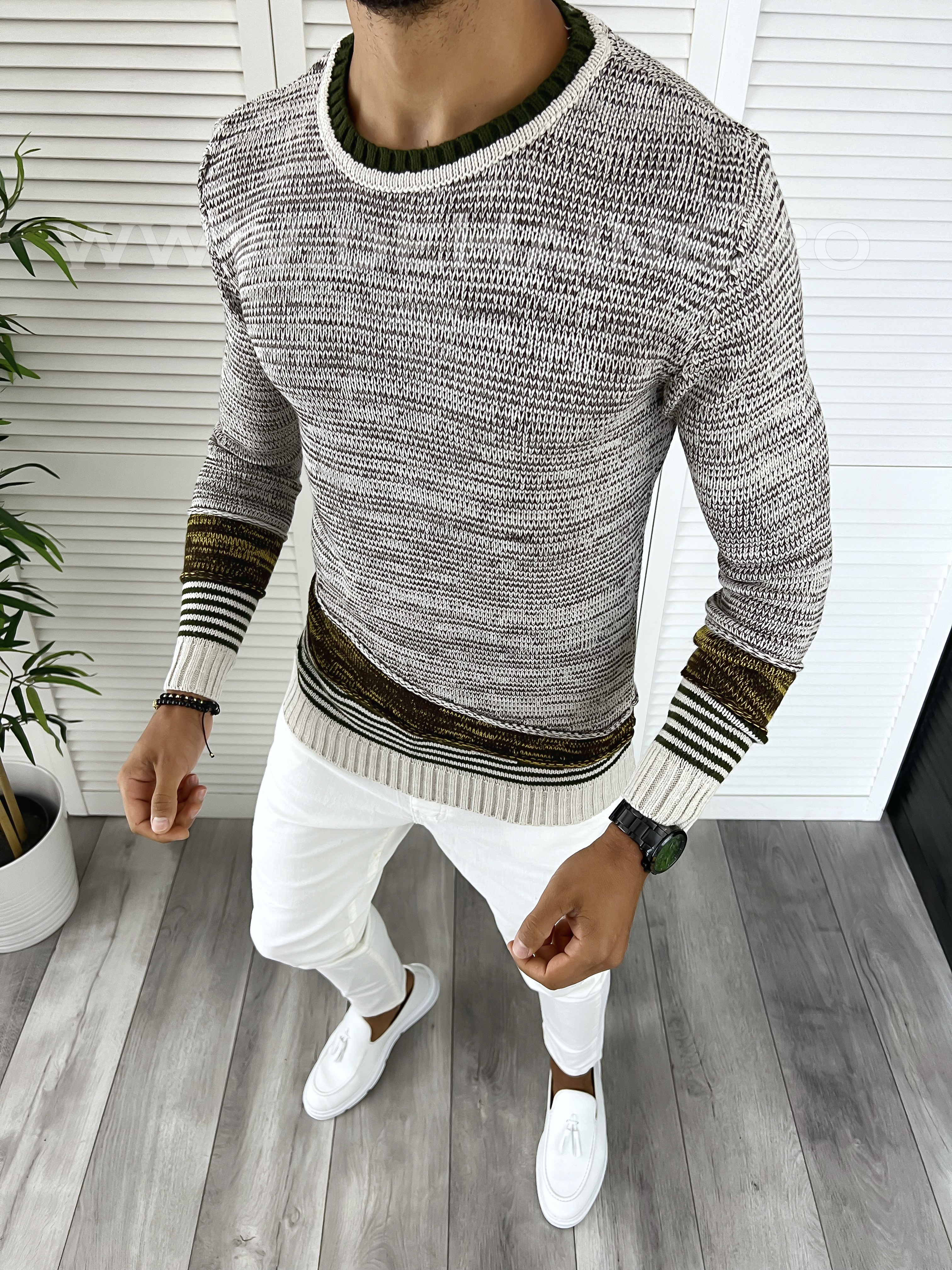Pulover barbati gros slim fit bej T3616 80-1