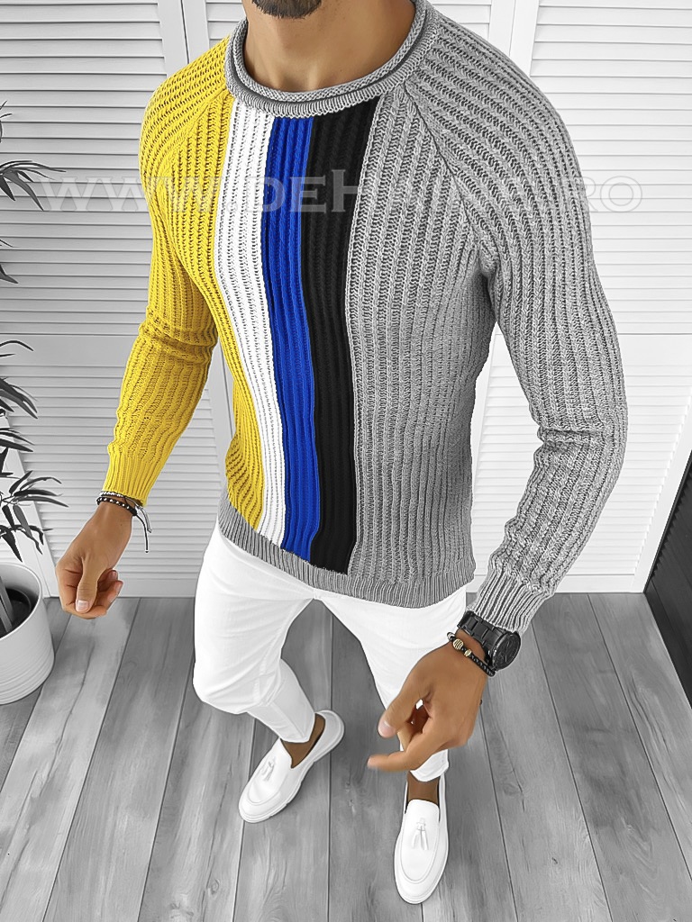 Pulover barbati gros slim fit gri deschis T3578 114-1 U7-2