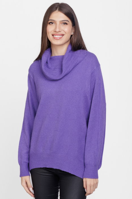Pulover cu guler inalt elegant, din vascoza si lana, mov