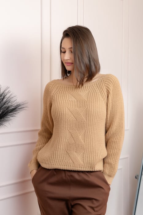 Pulover gros Sydney din tricot moale cu model impletit - Camel