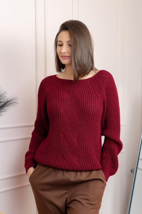 Pulover gros Sydney din tricot moale cu model impletit - Grena