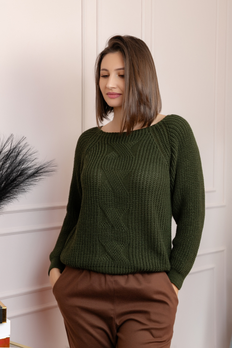 Pulover gros Sydney din tricot moale cu model impletit - Kaki