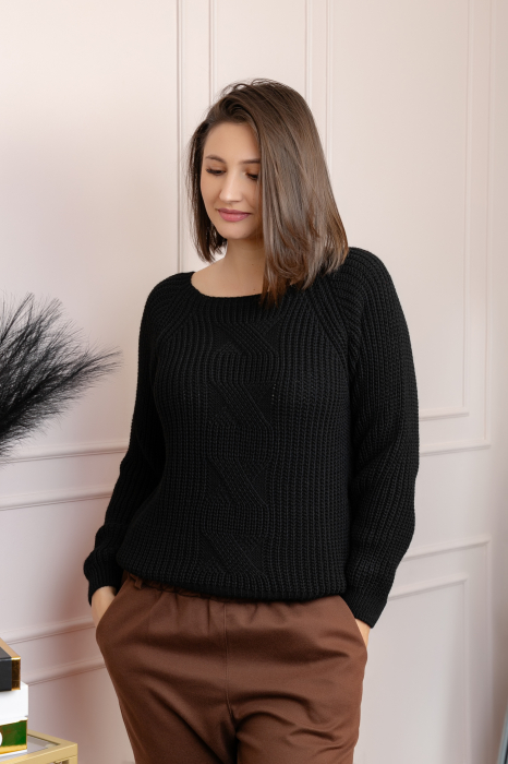 Pulover gros Sydney din tricot moale cu model impletit - Negru