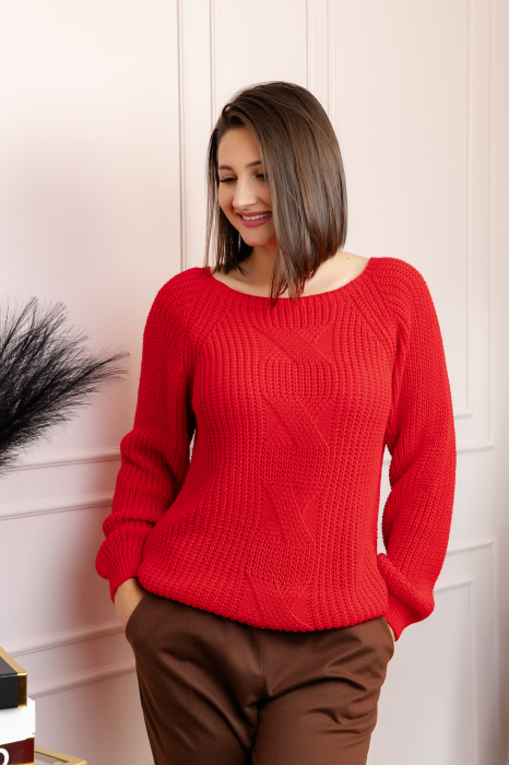 Pulover gros Sydney din tricot moale cu model impletit - Rosu