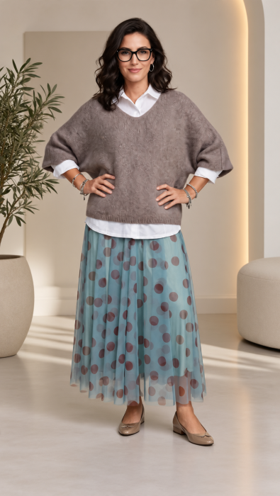 Pulover pufos cu alpaca, oversize cu maneca fluture, bej inchis