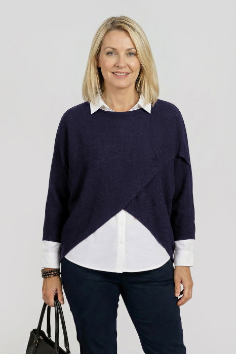 Pulover tip poncho petrecut asimetric, bleumarin