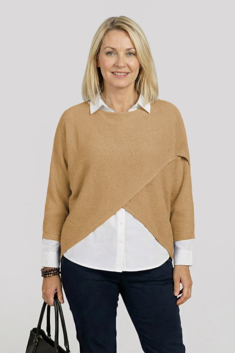 Pulover tip poncho petrecut asimetric, camel