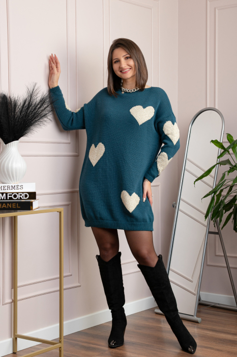 Pulover tip rochie Taylor cu inimioare aurii din fir lame - Turcoaz
