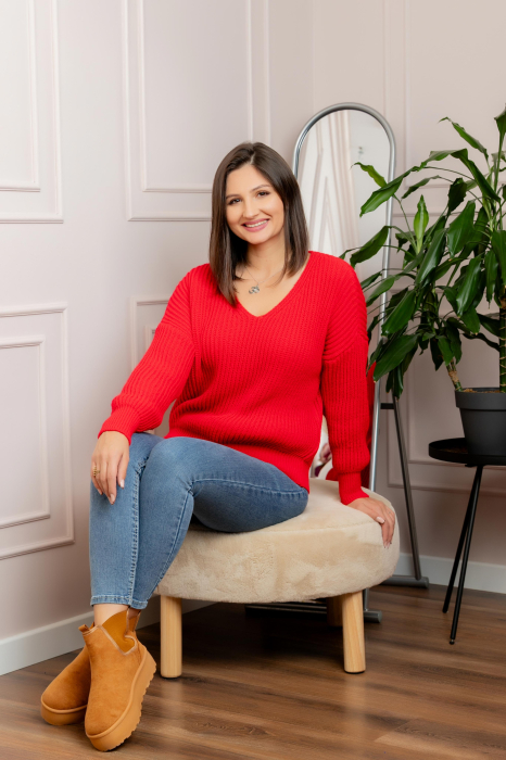Pulover tricot gros Amy cu decolteu in V - Rosu