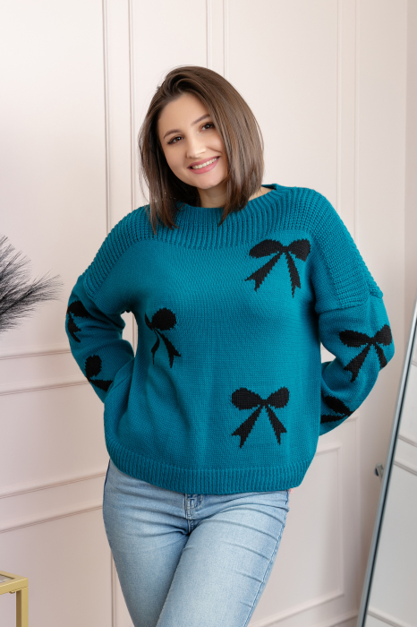 Pulover tricotat Betty cu fundite - Turcoaz