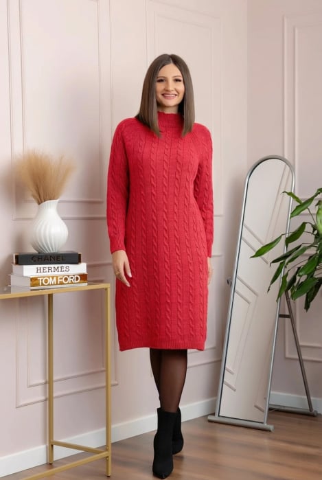 Pulover tricotat tip rochie Rachel cu maneci raglan - Rosu