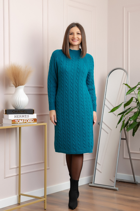 Pulover tricotat tip rochie Rachel cu maneci raglan - Turcoaz