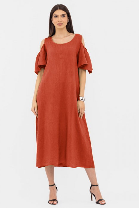 Rochie A-line din in cu umerii goi, lunga, A-line, caramizie