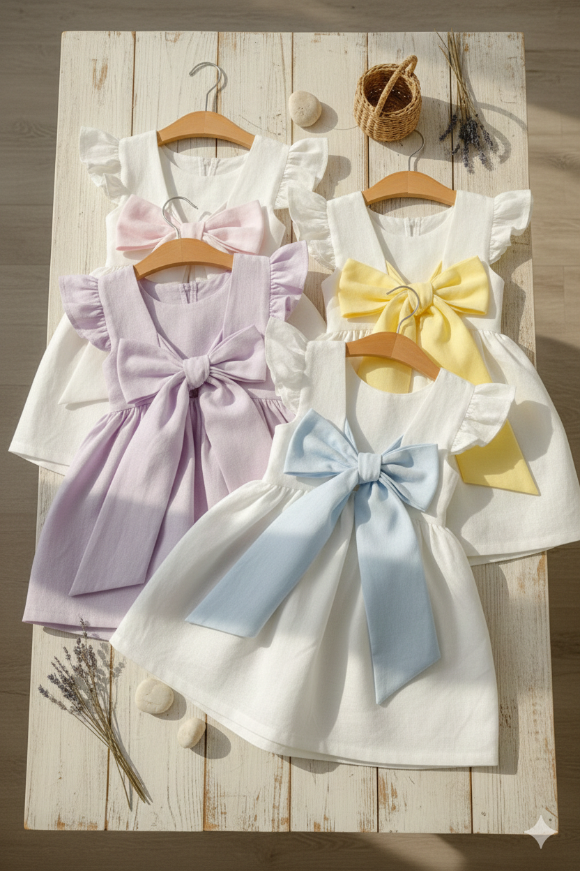 Rochie alba cu funda colorata din in pentru fete - Summer