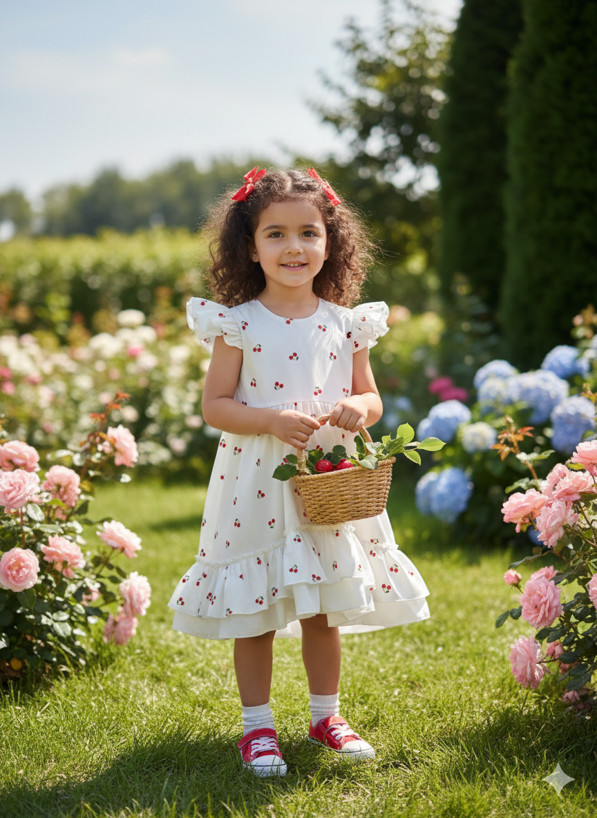 Rochie alba din bumbac cu cirese pentru fete - Chery