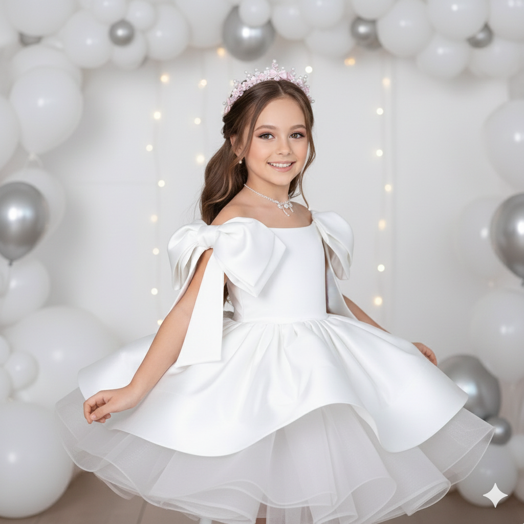 Rochie alba eleganta cu fundite pe umeri din tafta pentru fete - Barbie