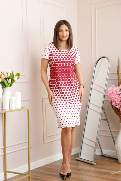 Rochie alba eleganta cu imprimeu geometric rosu Lyra