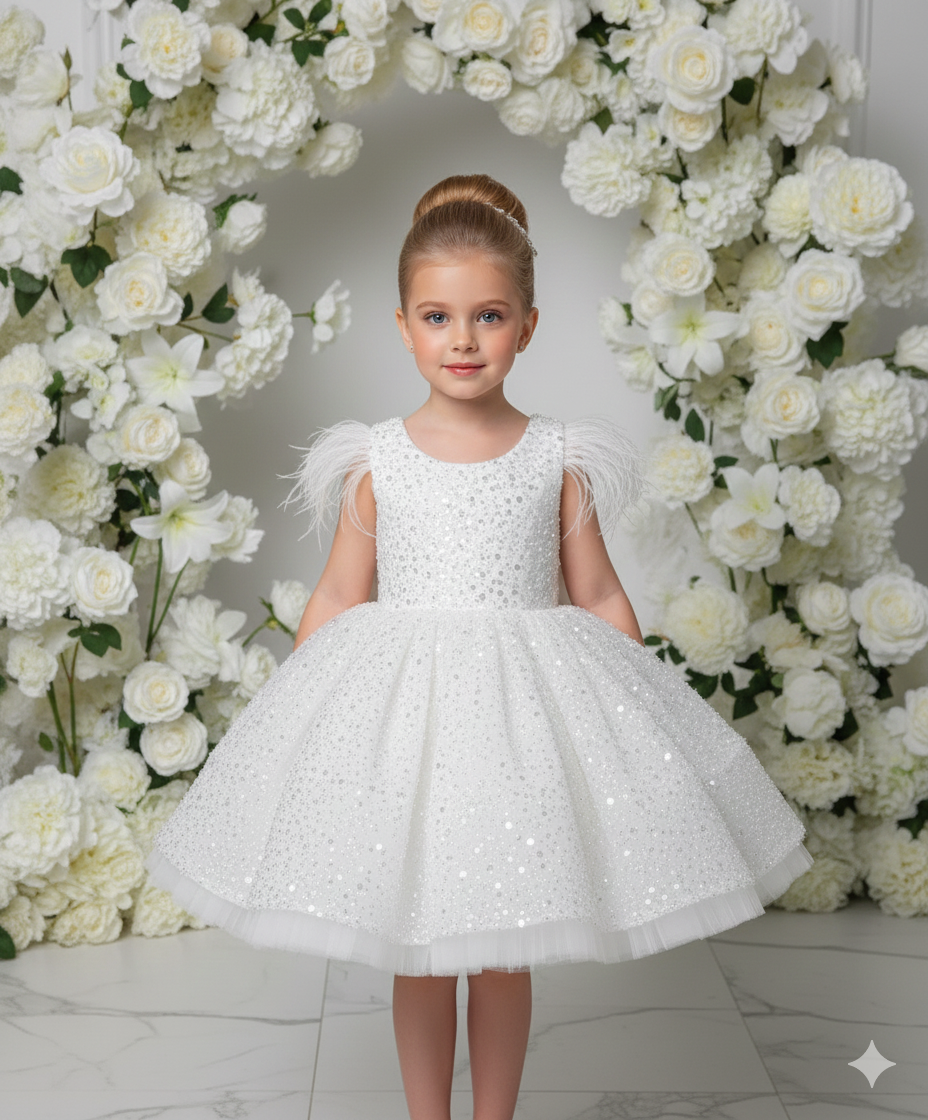 Rochie alba eleganta din dantela cu perle si paiete pentru fete - Nicole