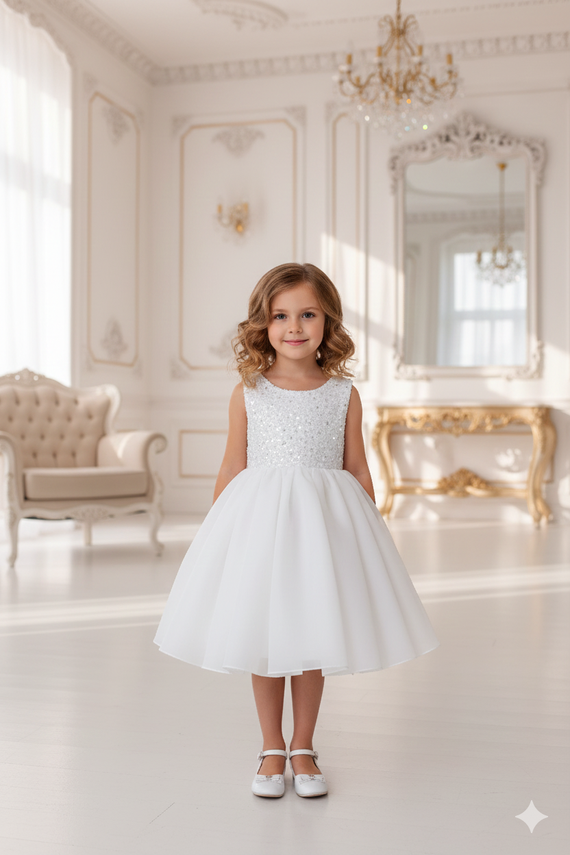 Rochie alba eleganta din dantela si organza pentru fete - Agnes