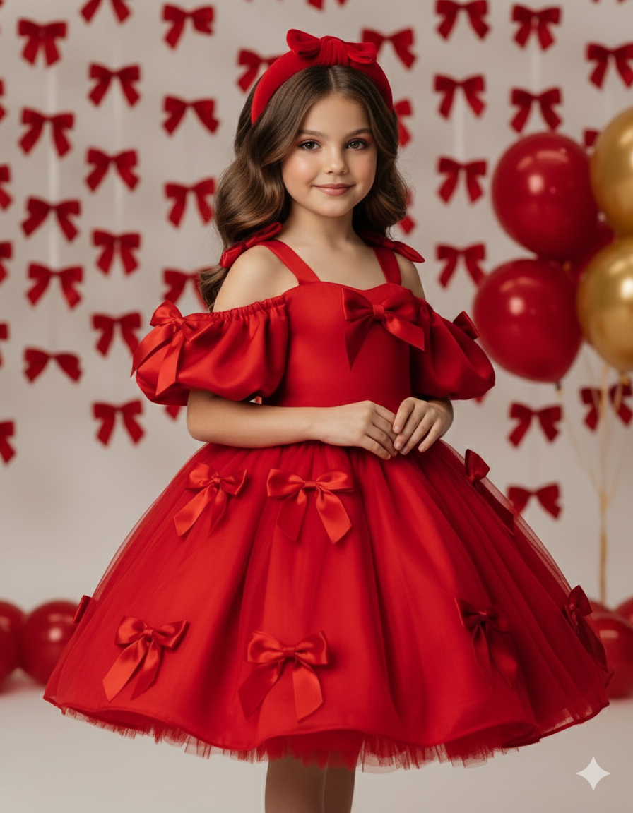 Rochie alba eleganta din tafta cu fundite rosii pentru fete - Berta