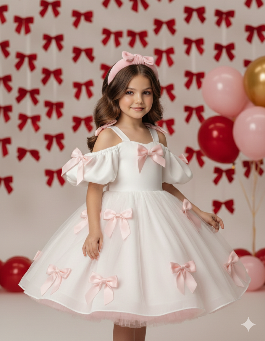 Rochie alba eleganta din tafta cu fundite rosii pentru fete - Berta