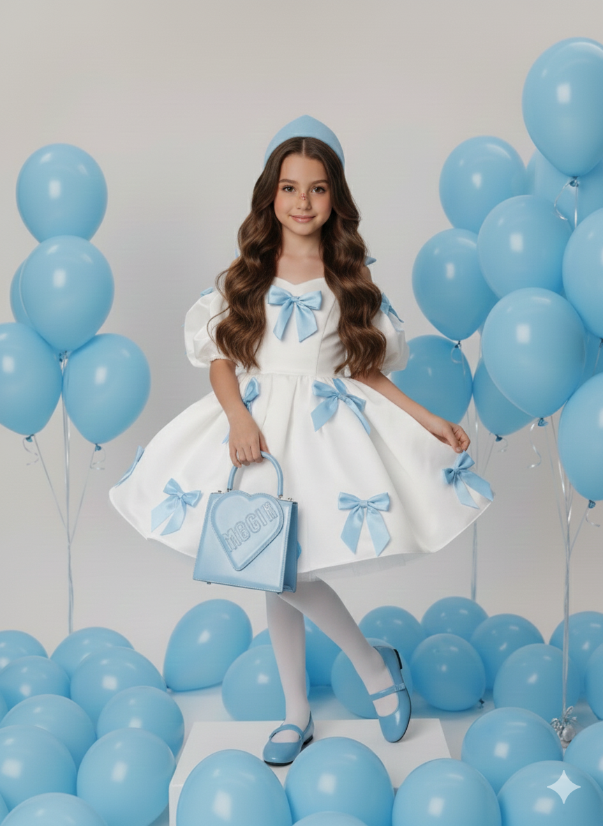 Rochie alba eleganta din tafta cu fundite rosii pentru fete - Berta