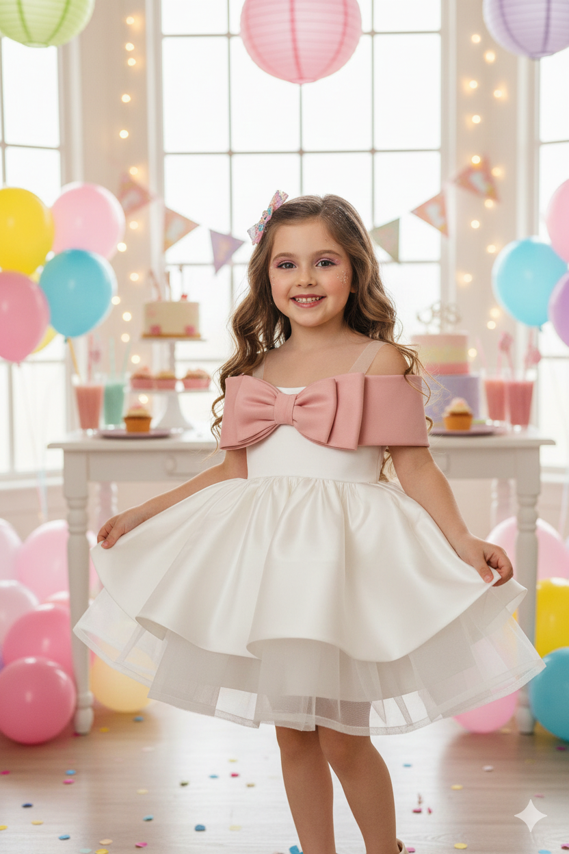Rochie alba eleganta din tafta si funda burgundy pentru fete - Norah