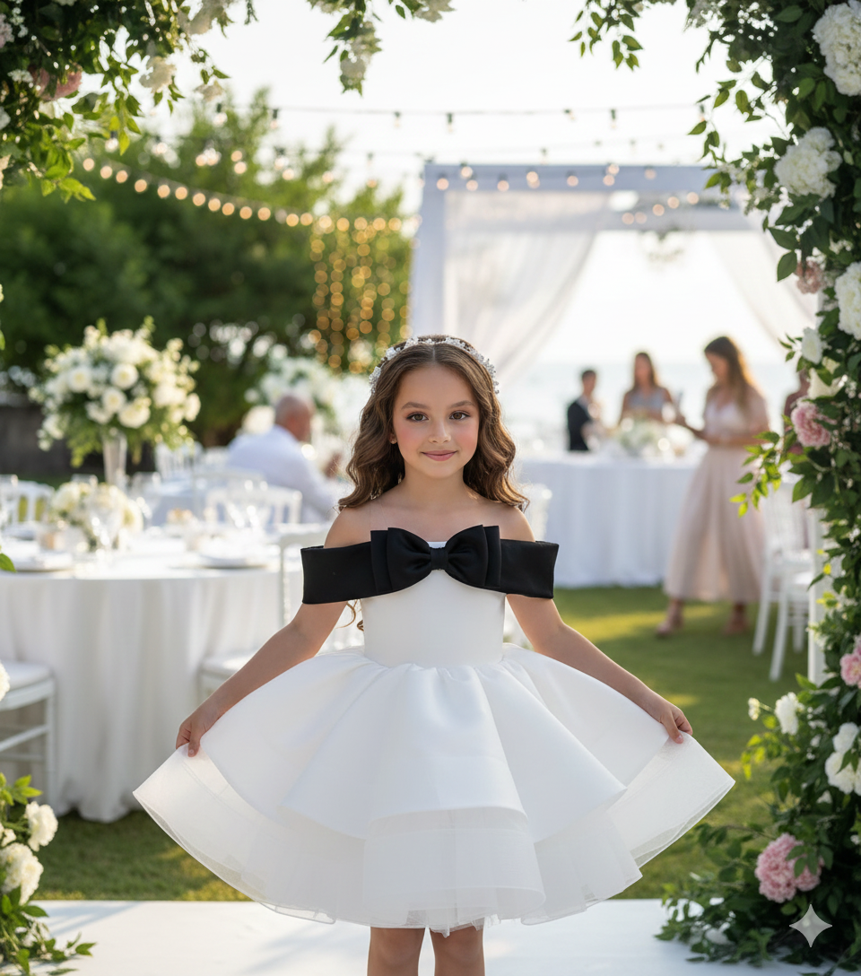 Rochie alba eleganta din tafta si funda roz pentru fete - Norah
