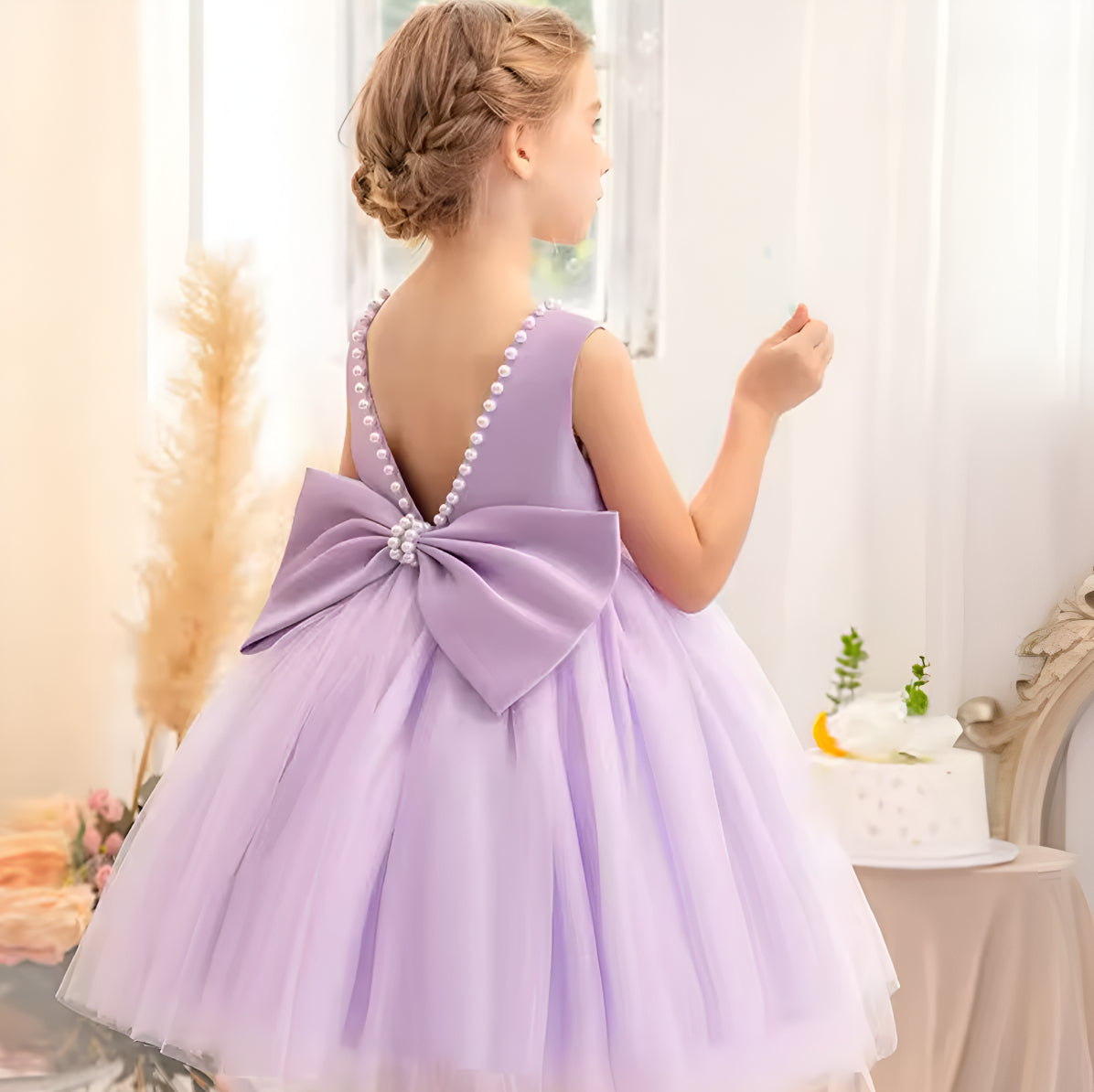 Rochie alba eleganta pentru fete, cu fundita si perle - Luna