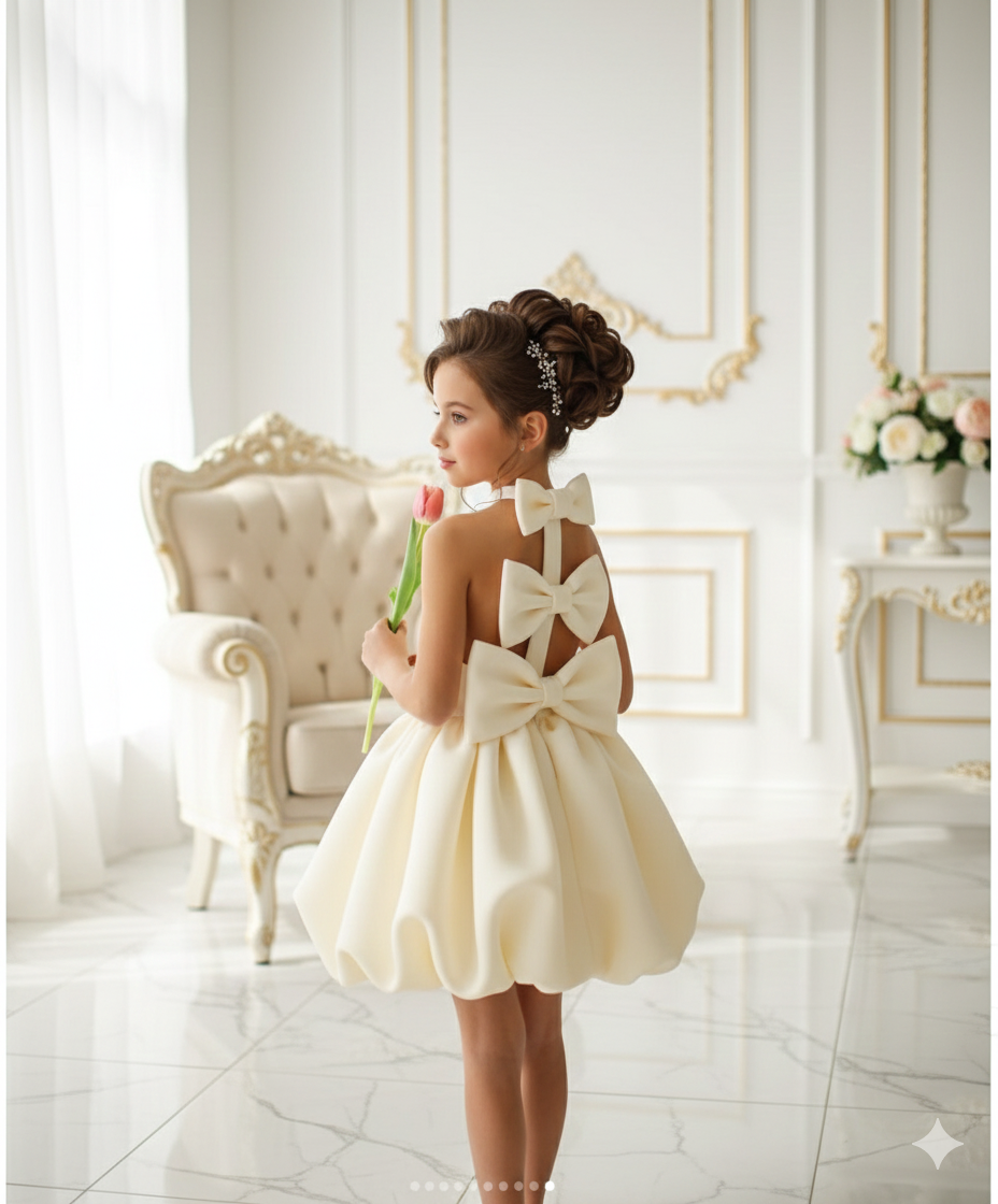 Rochie alba eleganta pentru fete, cu fundite din neopren - Dahlia