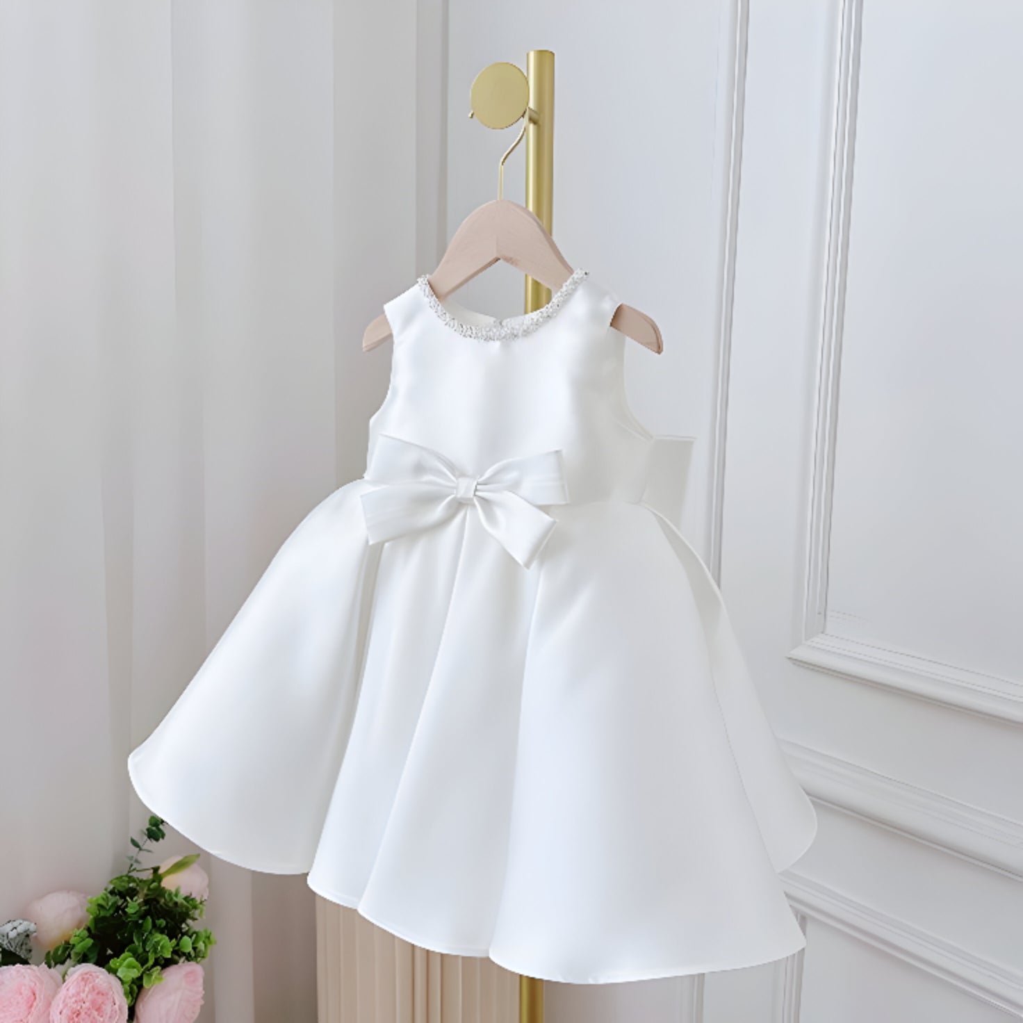 Rochie alba eleganta pentru fete, cu fundite din tafta - Ember